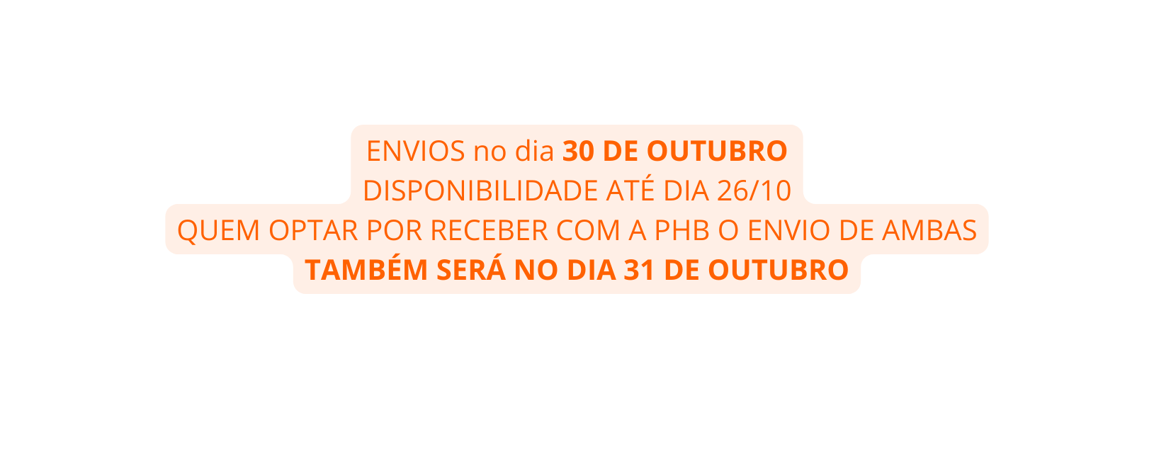 ENVIOS no dia 30 DE OUTUBRO DISPONIBILIDADE ATÉ DIA 26 10 QUEM OPTAR POR RECEBER COM A PHB O ENVIO DE AMBAS TAMBÉM SERÁ NO DIA 31 DE OUTUBRO